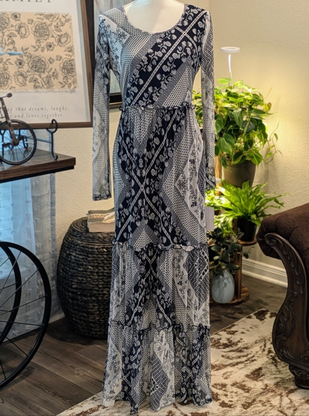 Navy And White Long Sleeve Mesh Tiered Maxi Dress